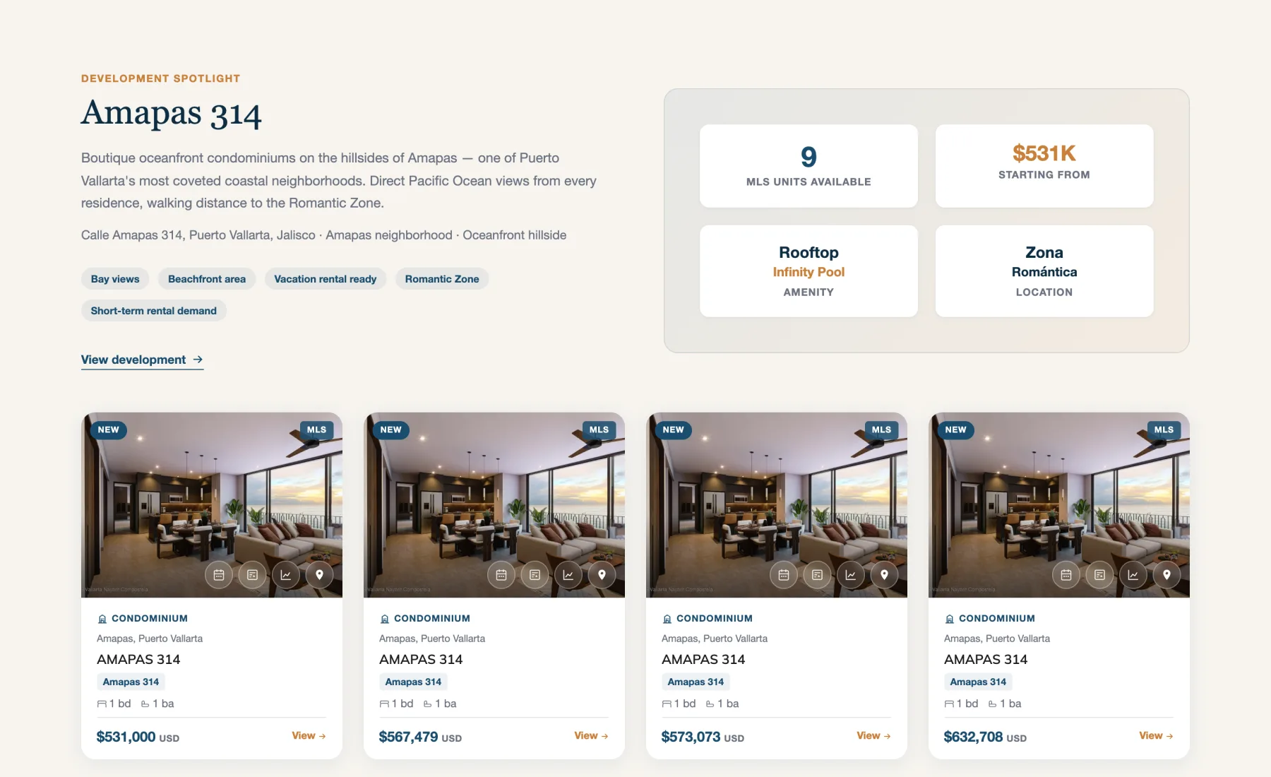 Condos Vallarta home page section with the Amapas 314 spotlight and four available units