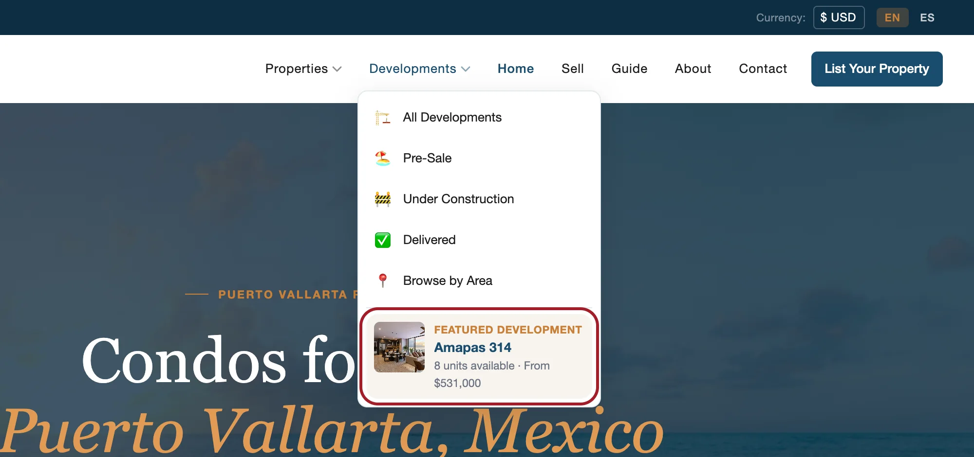 Condos Vallarta main menu open on Developments, showing the Featured Development card for Amapas 314